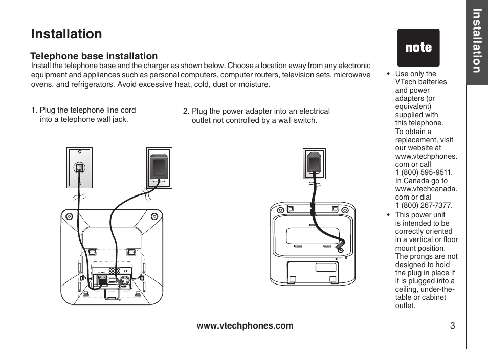 Desk/table bracket installation, Dial type, Telephone base installation | Telephone base nstallaton, Installation | VTech 6044 User Manual | Page 6 / 53