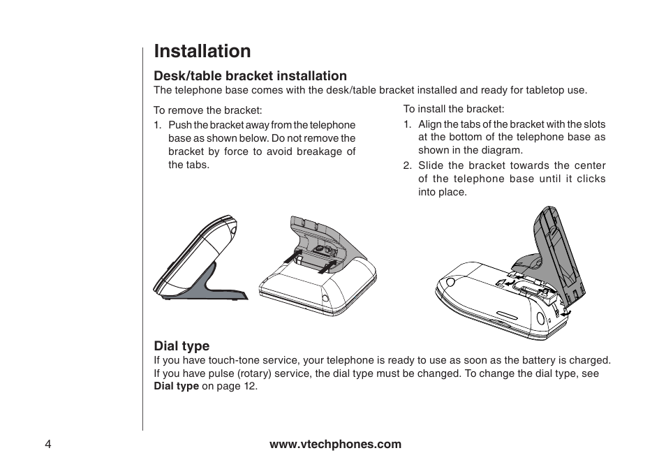 Desk/table bracket installation, Dial type, Desk/table bracket nstallaton dal type | Installation | VTech 6044 User Manual | Page 7 / 53