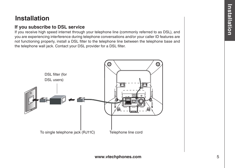 Install handset battery, If you subscribe to dsl service, Dsl filter | Installation | VTech 6044 User Manual | Page 8 / 53