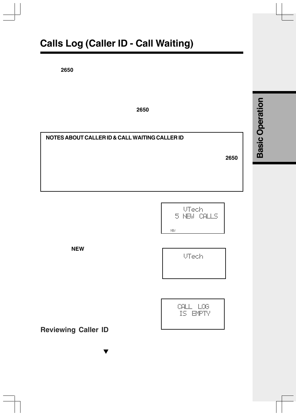 Calls log (caller id - call waiting), Basic operation, Reviewing caller id | VTech VT2650 User Manual | Page 17 / 38