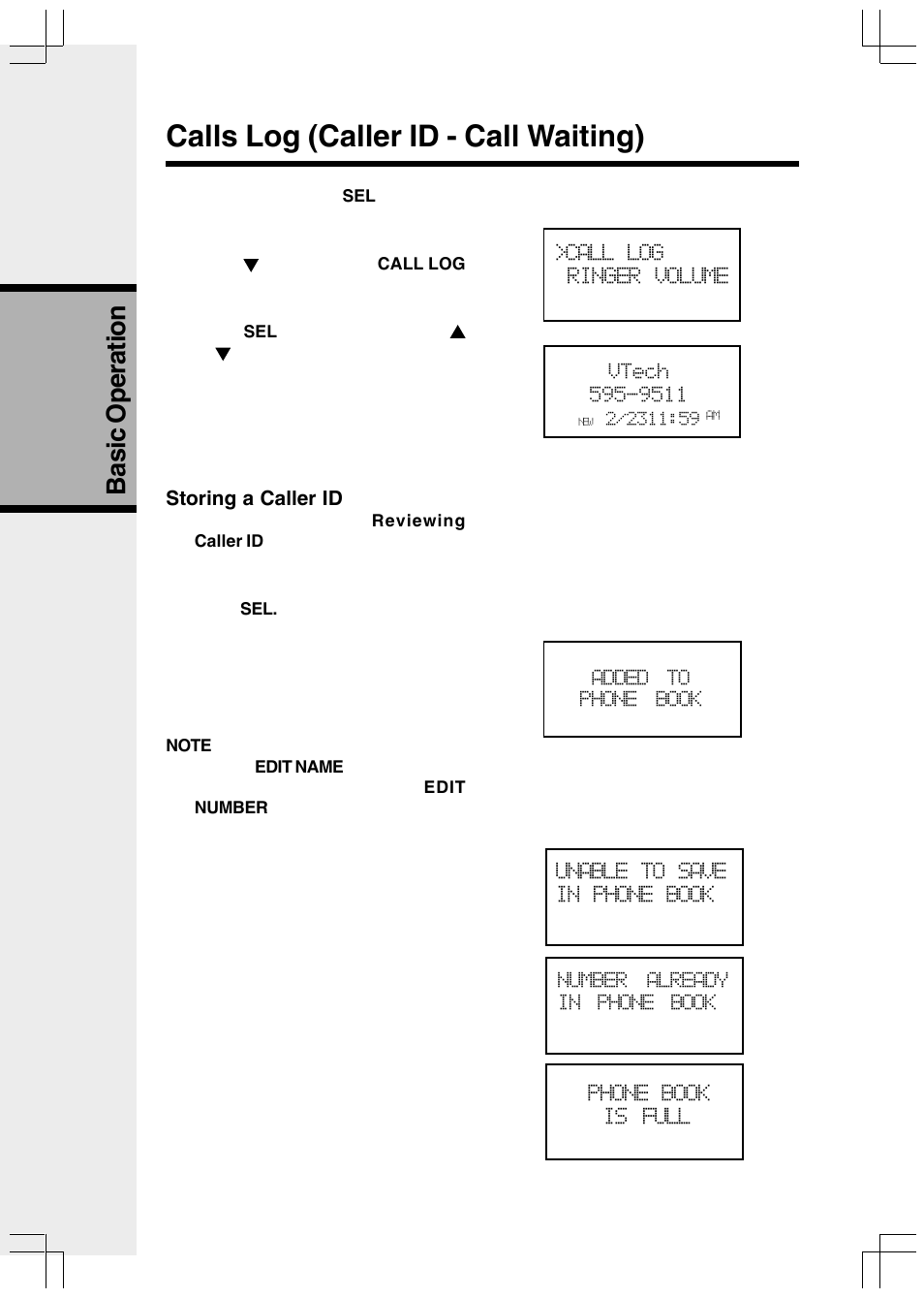 Calls log (caller id - call waiting), Basic operation | VTech VT2650 User Manual | Page 18 / 38