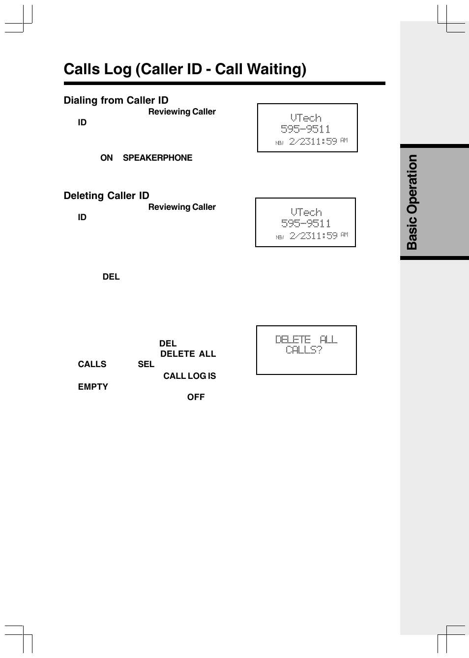 Calls log (caller id - call waiting), Basic operation | VTech VT2650 User Manual | Page 19 / 38