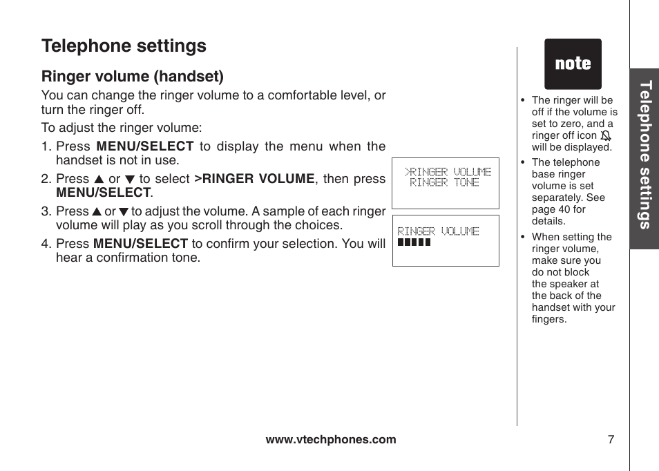 Telephone settings rnger volume (handset), Telephone settings, Te le ph on e s ett in gs ringer volume (handset) | VTech CS6129-54 User Manual | Page 11 / 79