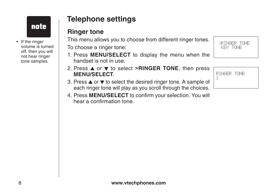 Rnger tone, Telephone settings, Ringer tone | VTech CS6129-54 User Manual | Page 12 / 79
