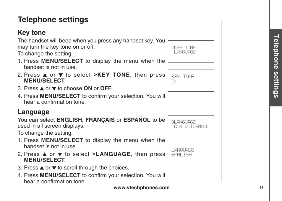 Key tone language, Telephone settings | VTech CS6129-54 User Manual | Page 13 / 79