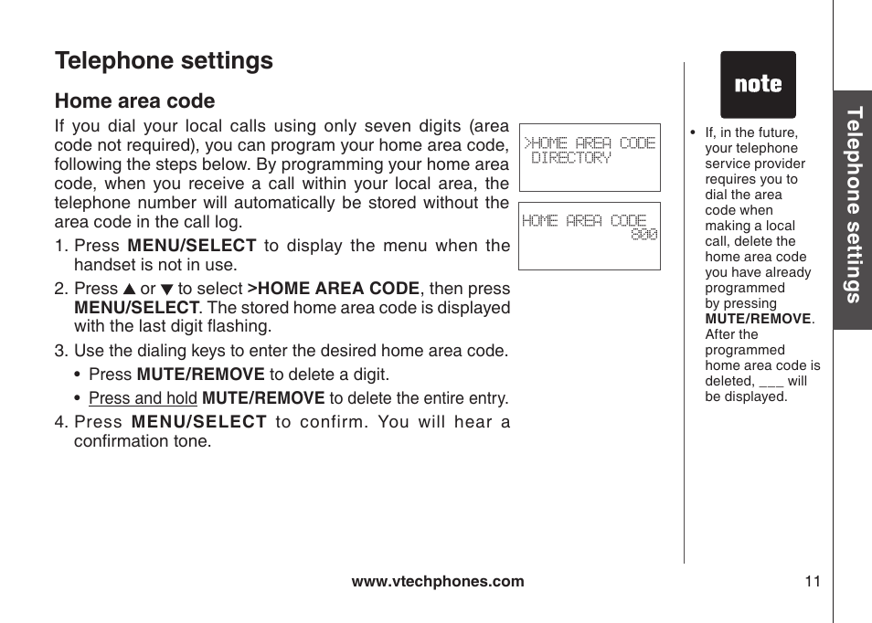 Home area code, Telephone settings, Te le ph on e s ett in gs | VTech CS6129-54 User Manual | Page 15 / 79