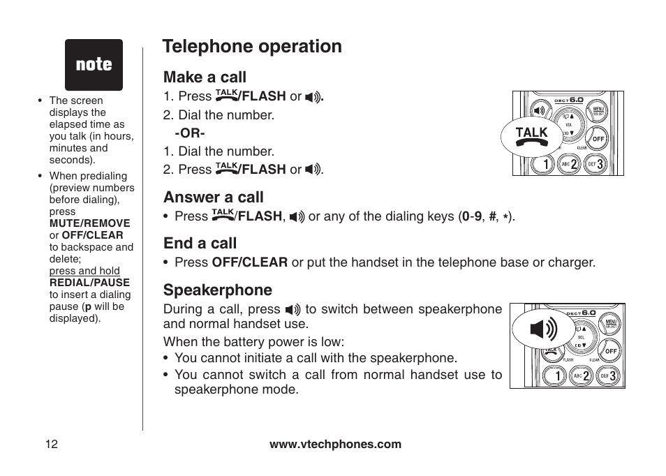 Telephone operation, Make a call, Answer a call | End a call, Speakerphone | VTech CS6129-54 User Manual | Page 16 / 79