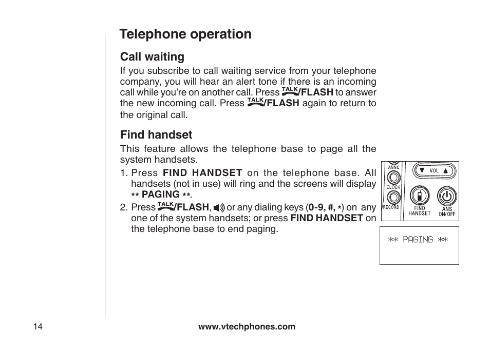 Call watng fnd handset, Telephone operation, Call waiting | Find handset | VTech CS6129-54 User Manual | Page 18 / 79