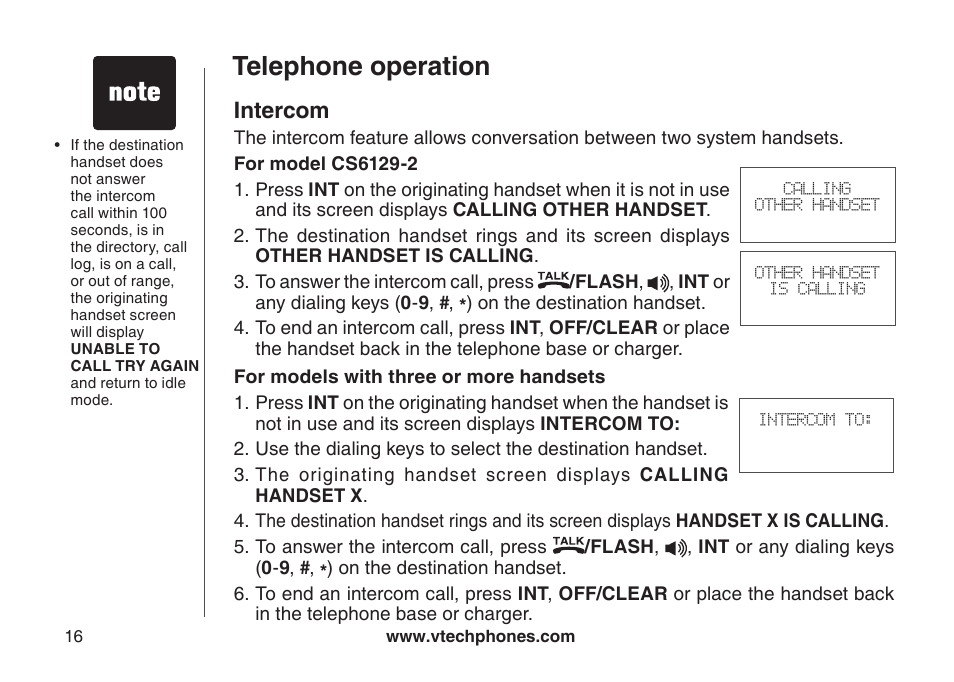 Intercom, Telephone operation | VTech CS6129-54 User Manual | Page 20 / 79