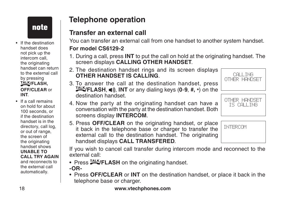 Transfer an external call, Telephone operation | VTech CS6129-54 User Manual | Page 22 / 79