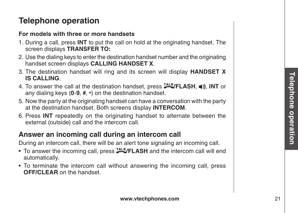 Answer an ncomng call durng an ntercom call 21, Telephone operation | VTech CS6129-54 User Manual | Page 25 / 79