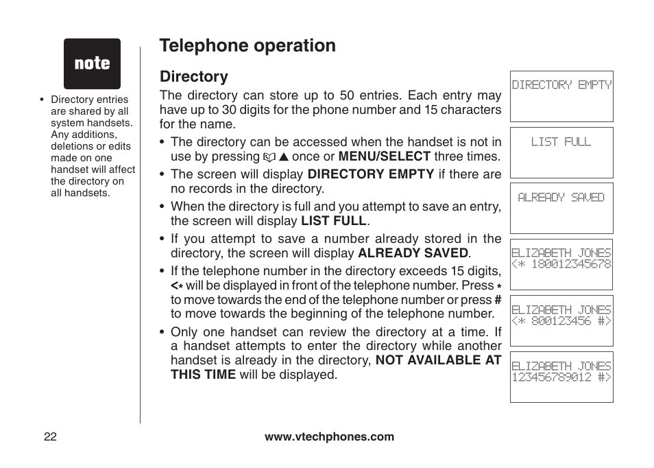 Drectory, Telephone operation, Directory | VTech CS6129-54 User Manual | Page 26 / 79