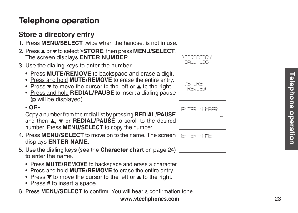 Store a drectory entry, Telephone operation, Te le ph on e o pe ra tio n | Store a directory entry | VTech CS6129-54 User Manual | Page 27 / 79