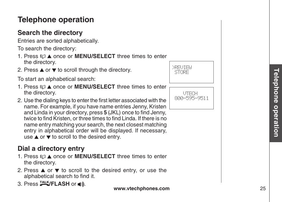 Search the drectory dal a drectory entry, Telephone operation | VTech CS6129-54 User Manual | Page 29 / 79