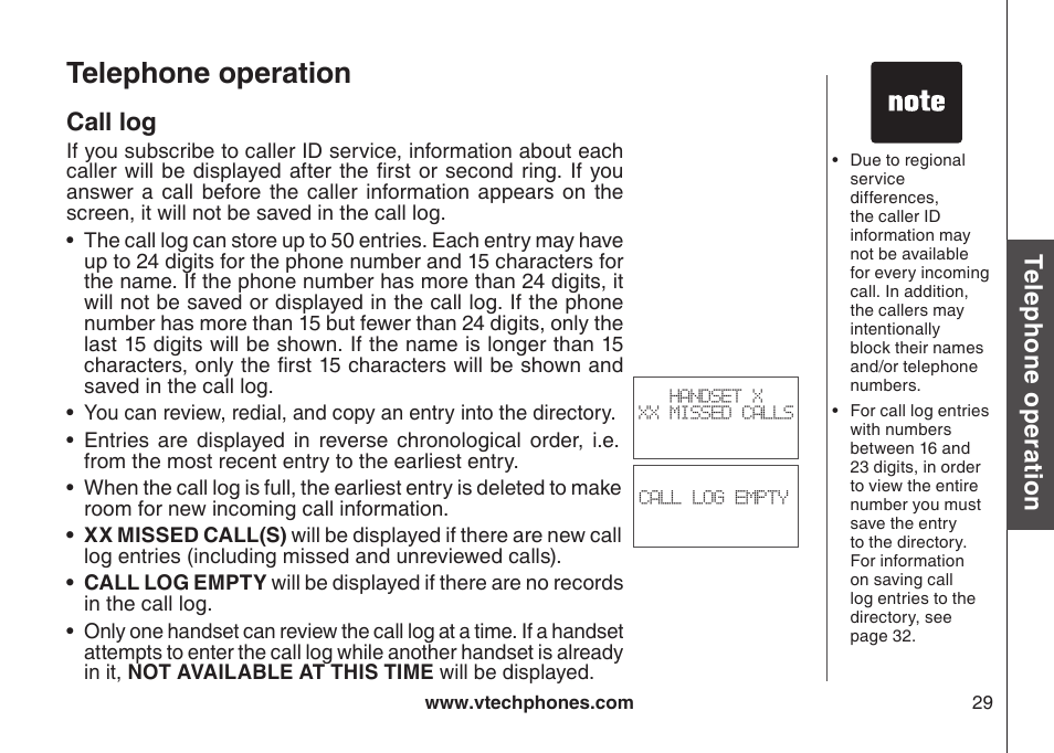 Call log, Telephone operation, Te le ph on e o pe ra tio n | VTech CS6129-54 User Manual | Page 33 / 79