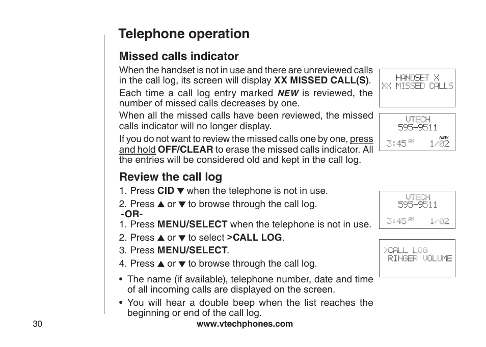 Mssed calls ndcator revew the call log, Telephone operation, Missed calls indicator | Review the call log | VTech CS6129-54 User Manual | Page 34 / 79