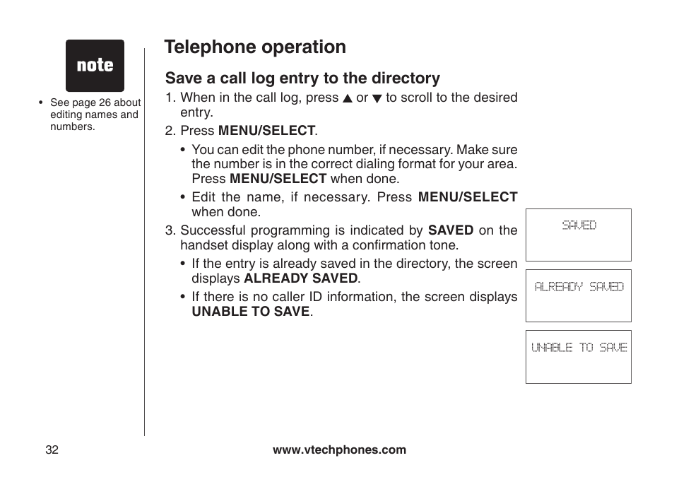 Save a call log entry to the drectory, Telephone operation, Save a call log entry to the directory | VTech CS6129-54 User Manual | Page 36 / 79