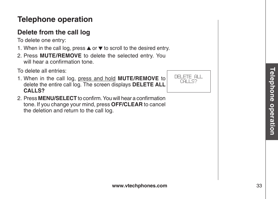 Delete from the call log, Telephone operation | VTech CS6129-54 User Manual | Page 37 / 79