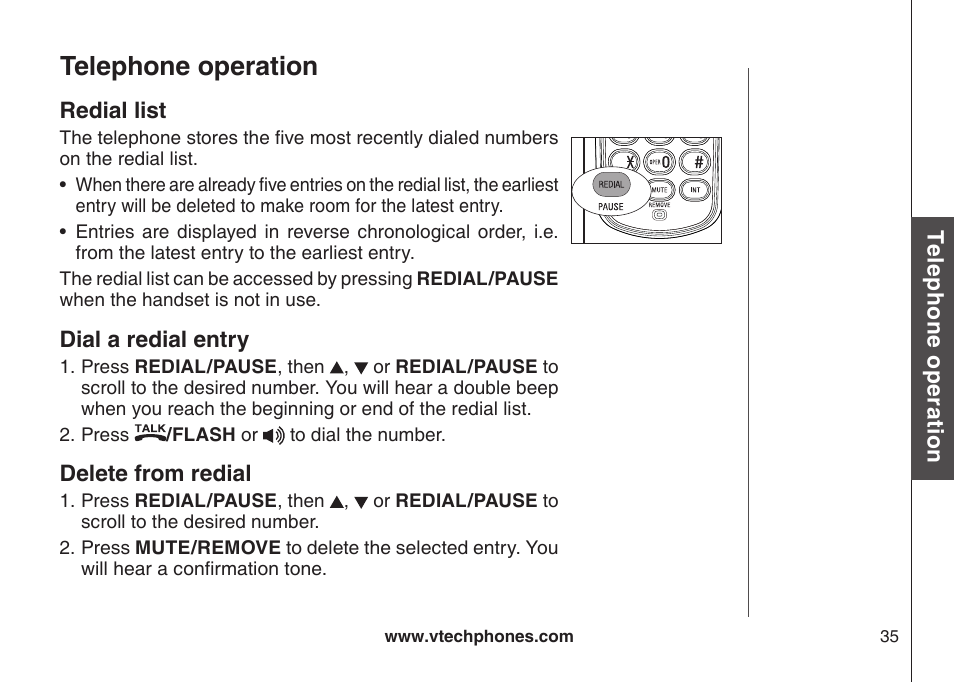 Redal lst dal a redal entry delete from redal, Telephone operation | VTech CS6129-54 User Manual | Page 39 / 79