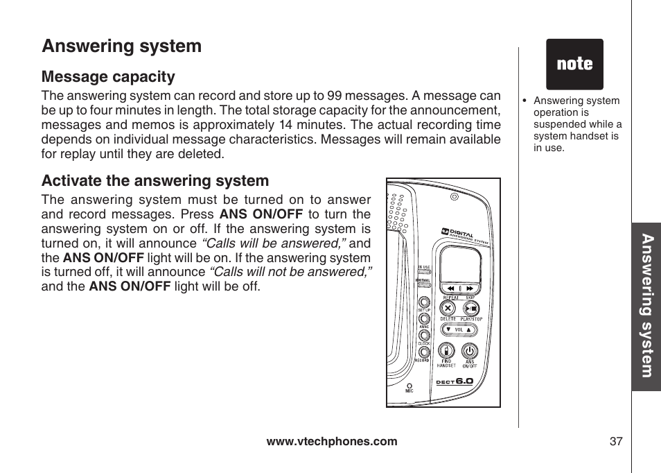Message capacty actvate the answerng system, Answering system | VTech CS6129-54 User Manual | Page 41 / 79