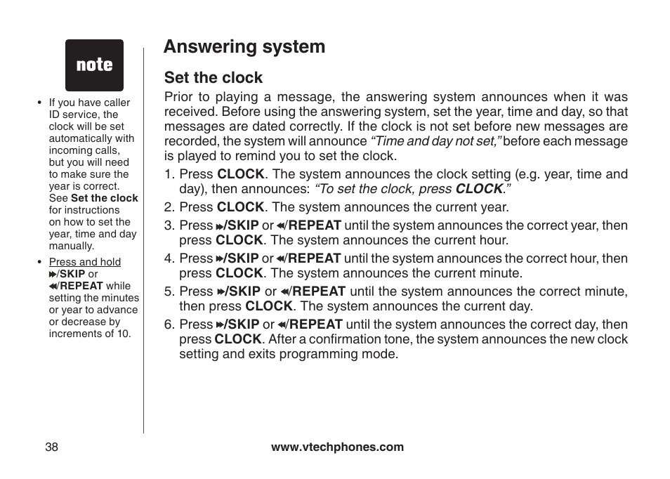 Set the clock, Answering system | VTech CS6129-54 User Manual | Page 42 / 79