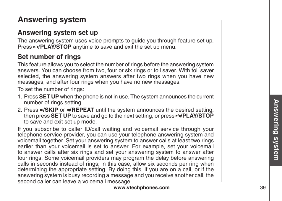 Answerng system set up set number of rngs, Answering system | VTech CS6129-54 User Manual | Page 43 / 79