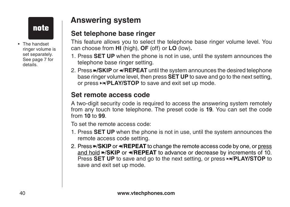 Set telephone base rnger set remote access code, Answering system, Set telephone base ringer | Set remote access code | VTech CS6129-54 User Manual | Page 44 / 79