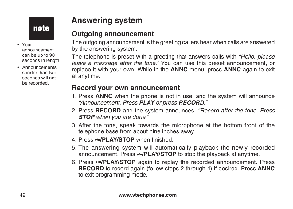 Outgong announcement record your own announcement, Answering system, Outgoing announcement | Record your own announcement | VTech CS6129-54 User Manual | Page 46 / 79