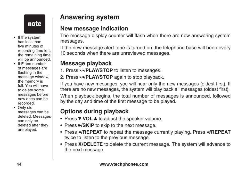 Answering system, New message indication, Message playback | Options during playback | VTech CS6129-54 User Manual | Page 48 / 79