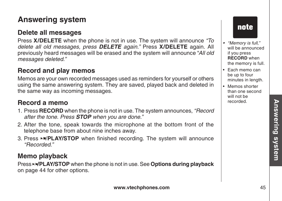 Delete all messages, Record and play memos record a memo memo playback, Answering system | VTech CS6129-54 User Manual | Page 49 / 79