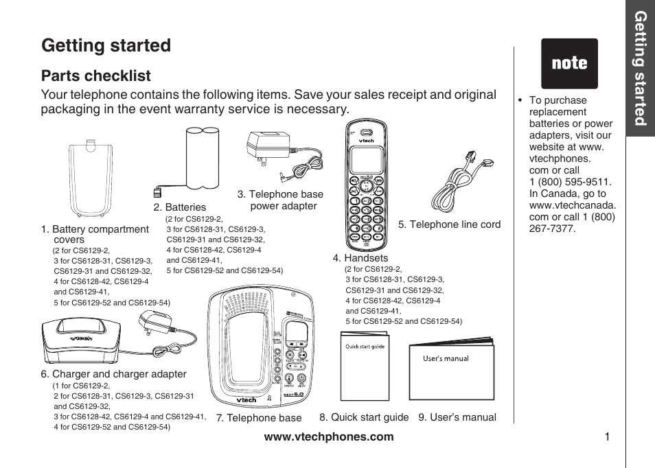 Getting started parts checklst, Getting started, Gett in g s ta rte d | Parts checklist, Bas ic o pe ra tio n | VTech CS6129-54 User Manual | Page 5 / 79