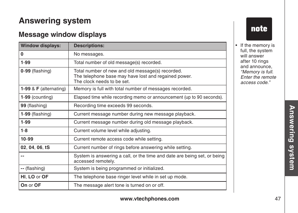 Message wndow dsplays, Answering system, Ans w er in g s ys te m | Message window displays | VTech CS6129-54 User Manual | Page 51 / 79