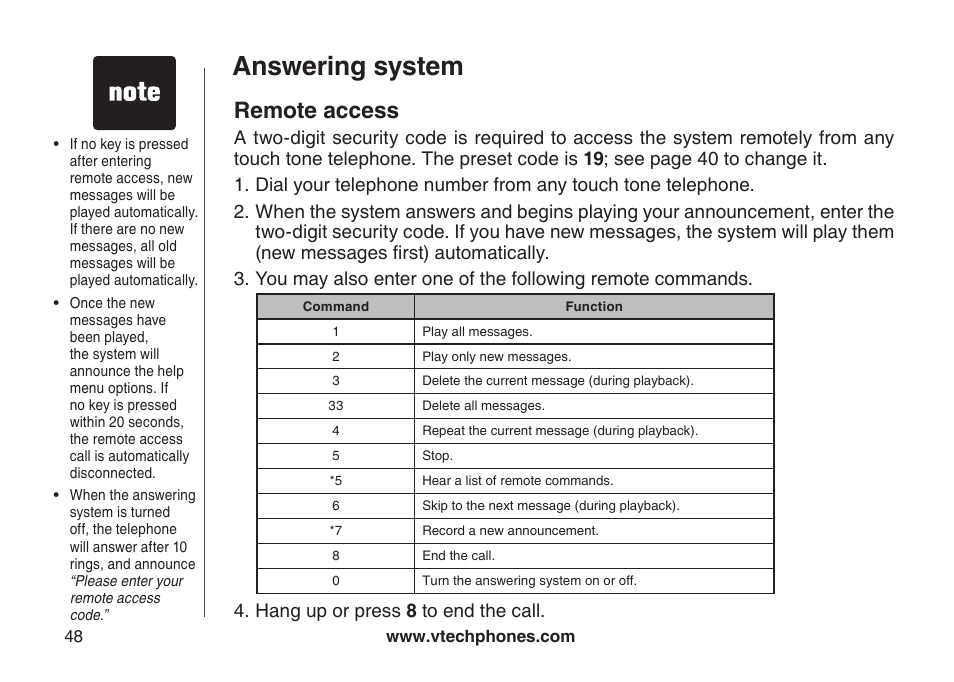 Remote access, Answering system | VTech CS6129-54 User Manual | Page 52 / 79