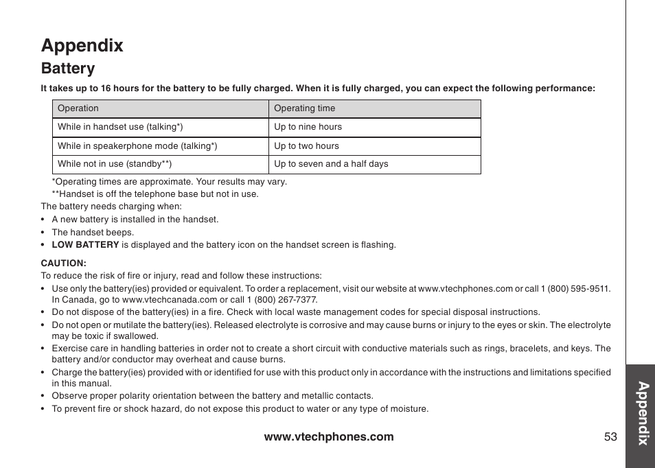 Battery, Appendix | VTech CS6129-54 User Manual | Page 57 / 79