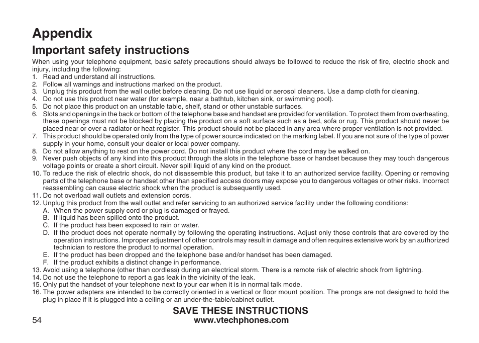 Important safety nstructons, Appendix, Important safety instructions | Save these instructions | VTech CS6129-54 User Manual | Page 58 / 79