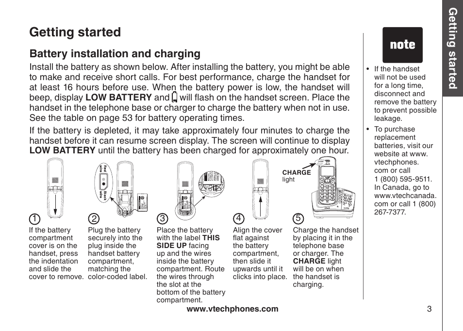 Battery nstallaton and chargng, Getting started, Gett in g s ta rte d | Battery installation and charging | VTech CS6129-54 User Manual | Page 7 / 79