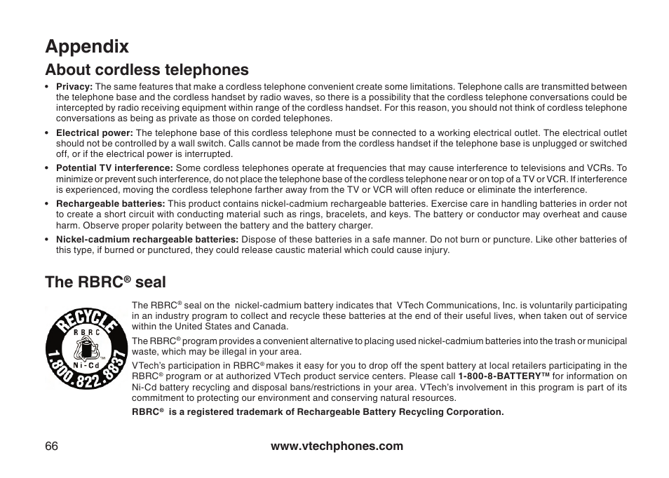 About cordless telephones the rbrc, Seal, Appendix | About cordless telephones, The rbrc | VTech CS6129-54 User Manual | Page 70 / 79