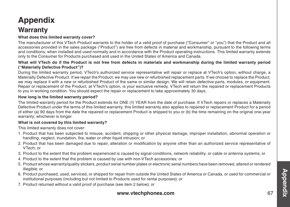 Warranty, Appendix | VTech CS6129-54 User Manual | Page 71 / 79