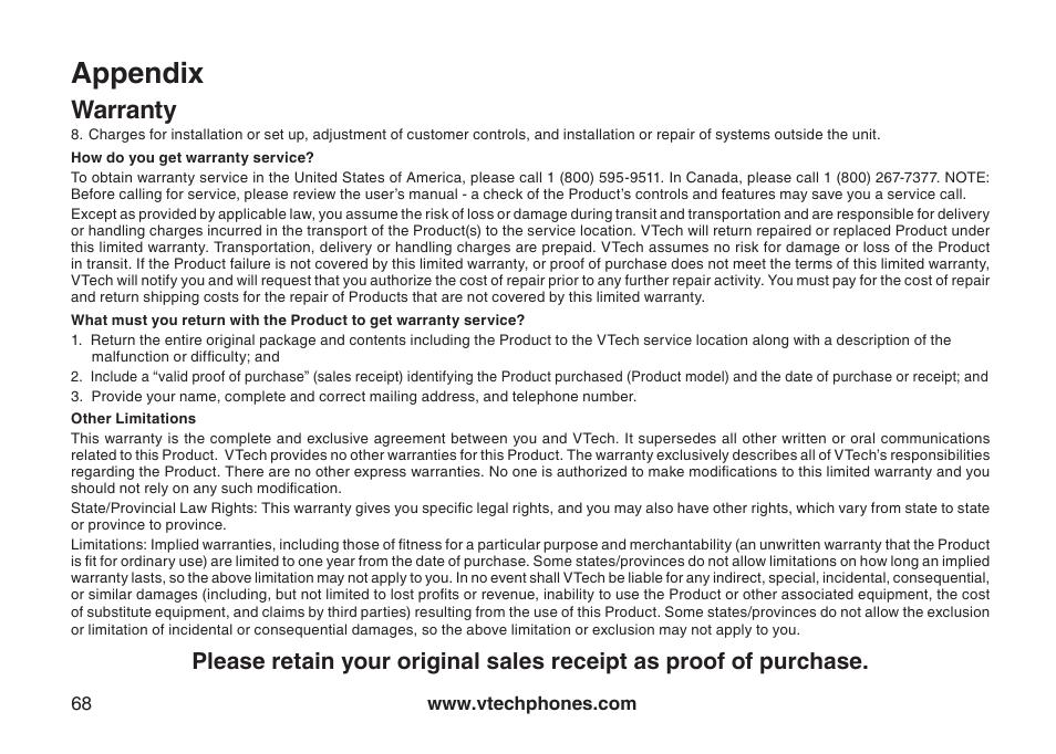 Appendix, Warranty | VTech CS6129-54 User Manual | Page 72 / 79