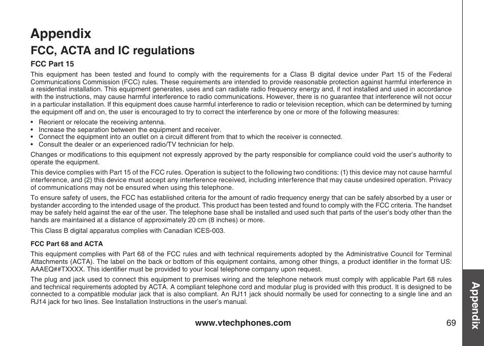 Fcc, acta and ic regulatons, Fcc, acta and ic regulations, Appendix | VTech CS6129-54 User Manual | Page 73 / 79