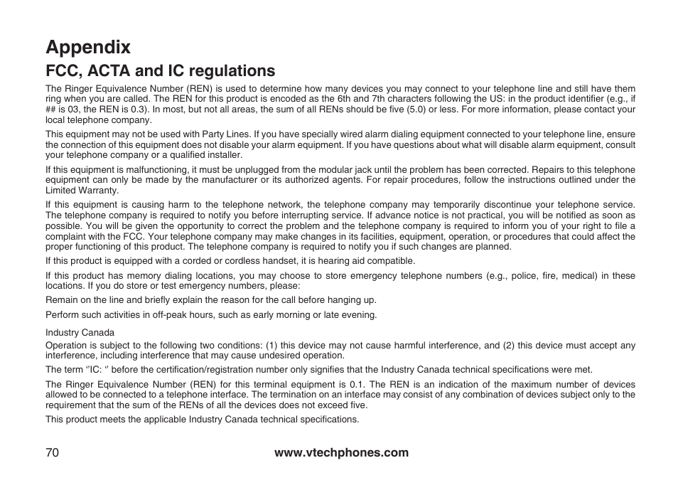 Appendix, Fcc, acta and ic regulations | VTech CS6129-54 User Manual | Page 74 / 79