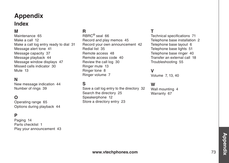 Index, Appendix | VTech CS6129-54 User Manual | Page 77 / 79