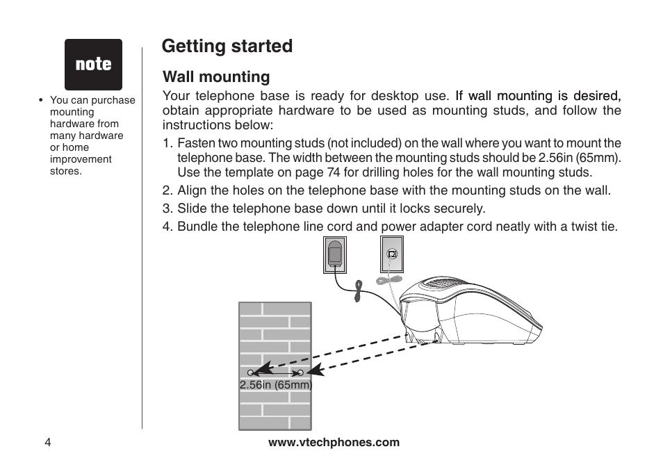 Wall mountng, Getting started, Wall mounting | VTech CS6129-54 User Manual | Page 8 / 79