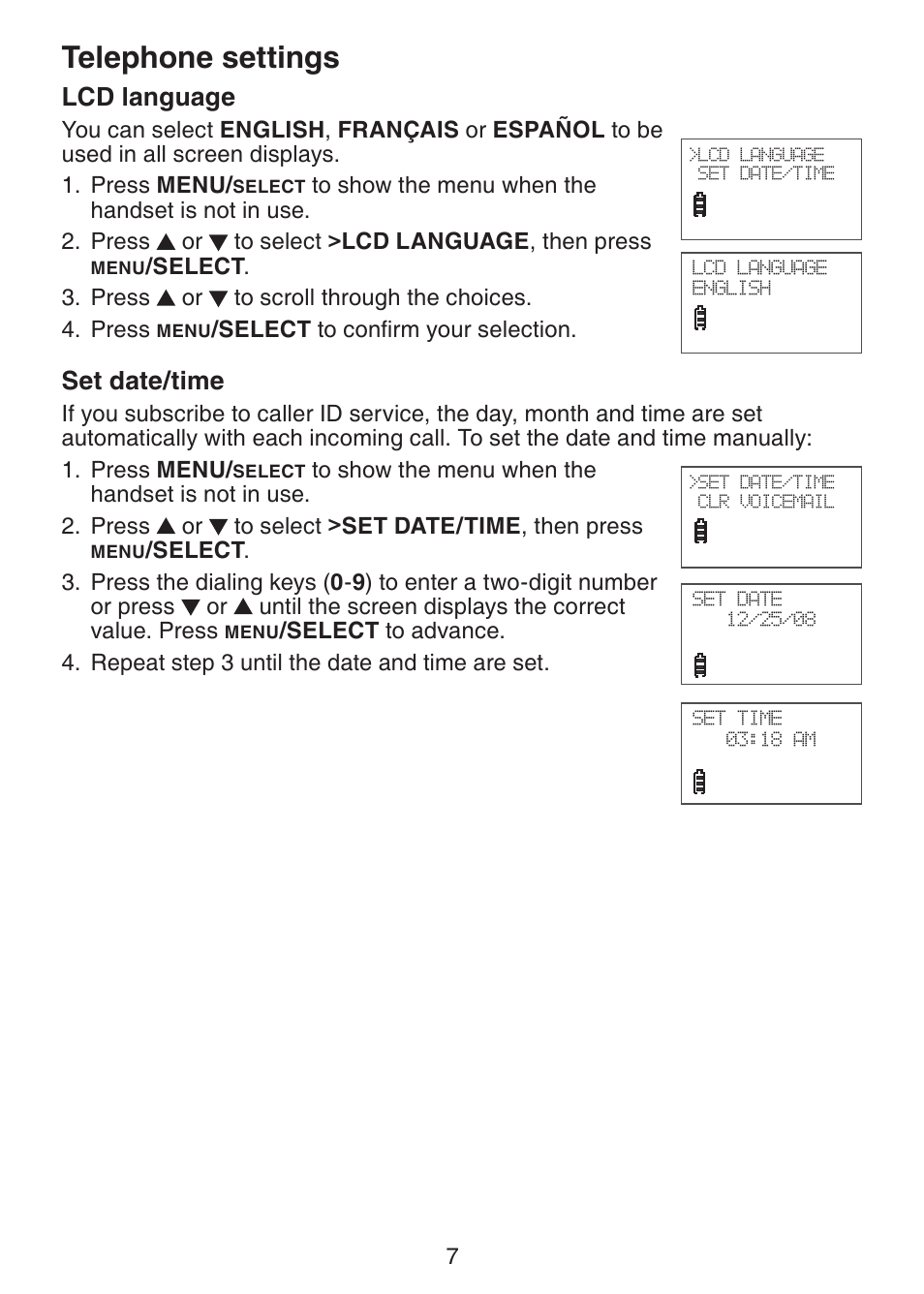 Lcd language, Set date/time, Telephone settings | VTech LS6215-3 User Manual | Page 10 / 47