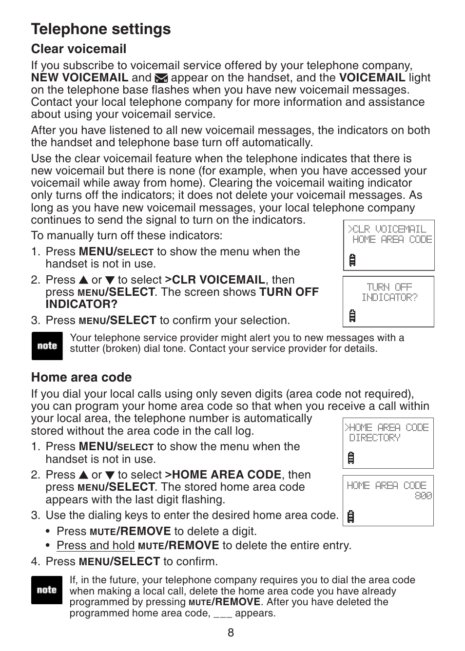 Clear voicemail, Home area code, Telephone settings | VTech LS6215-3 User Manual | Page 11 / 47