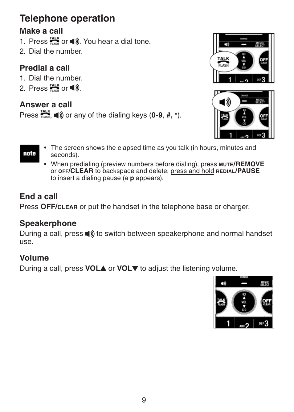 Telephone operation make a call, Make a predial call, Answer a call | End a call, Speakerphone, Volume, Telephone operation, Make a call, Predial a call | VTech LS6215-3 User Manual | Page 12 / 47