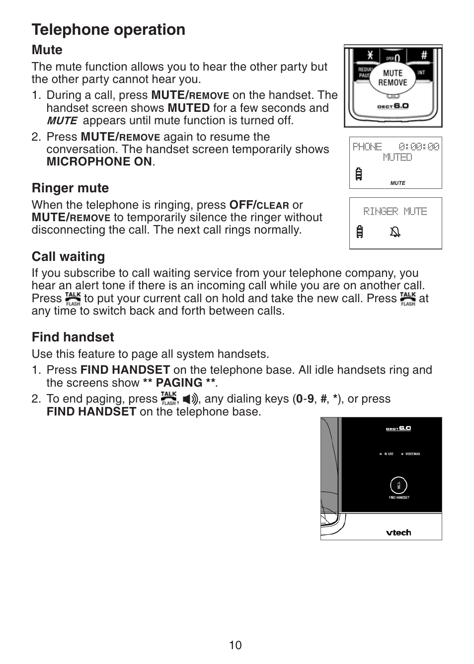 Mute, Ringer mute, Call waiting | Find handset, Telephone operation | VTech LS6215-3 User Manual | Page 13 / 47