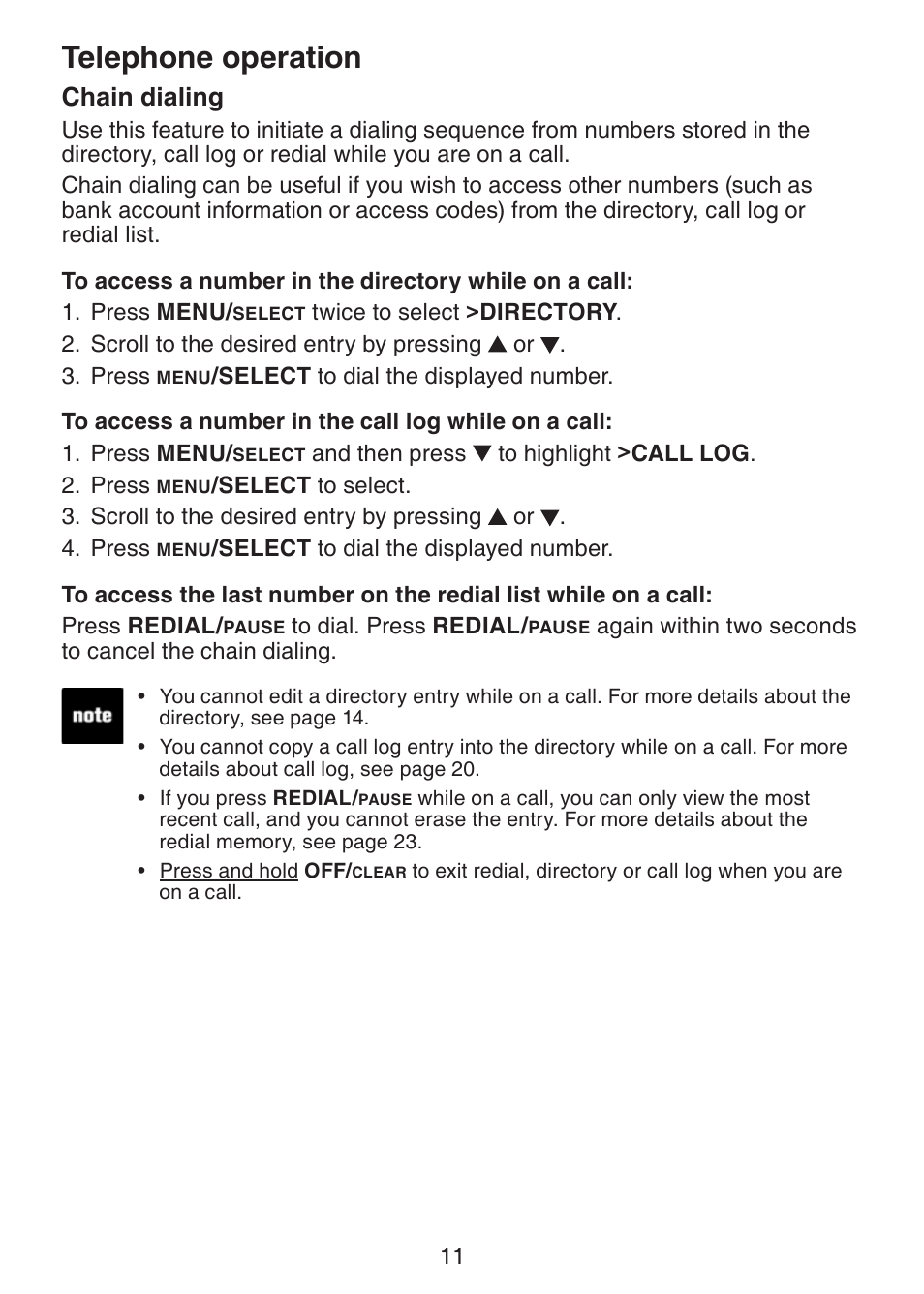 Chain dialing, Telephone operation | VTech LS6215-3 User Manual | Page 14 / 47
