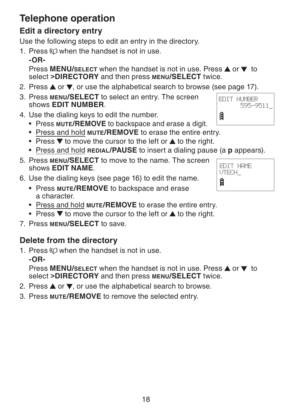 Edit a directory entry, Delete from the directory, Telephone operation | VTech LS6215-3 User Manual | Page 21 / 47