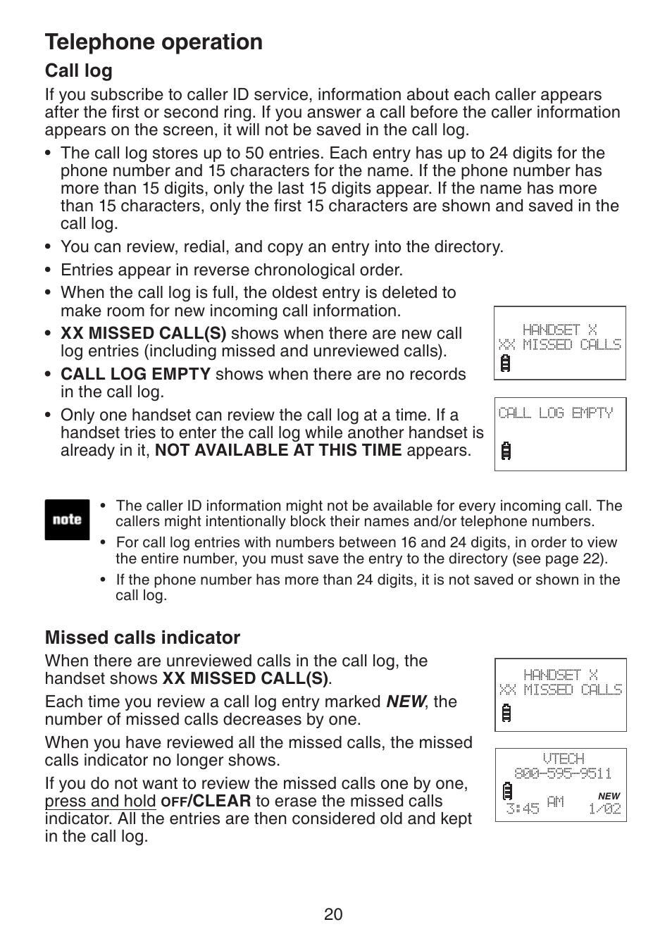 Call log, Missed calls indicator, Telephone operation | VTech LS6215-3 User Manual | Page 23 / 47